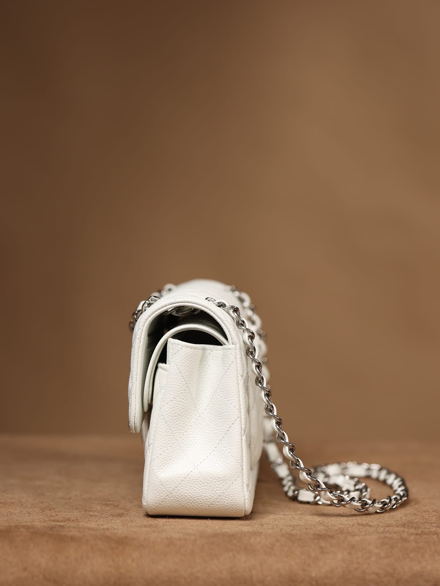 CHANEL Samll Classic Flap Bag in Grained Calfskin - White & Silver