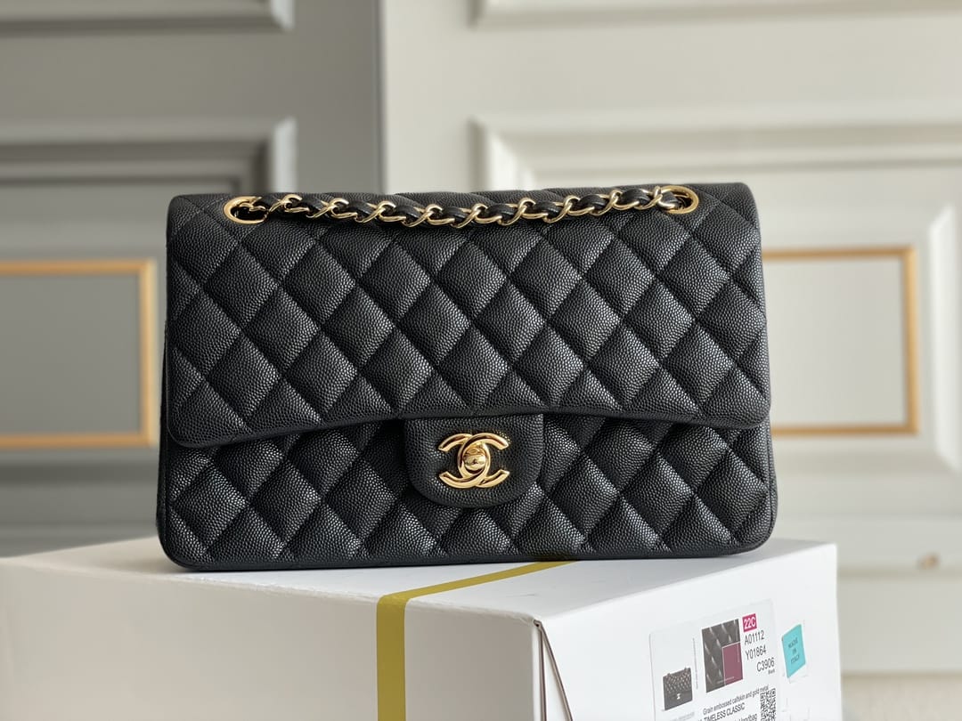 CHANEL Classic 11.12 Flap Bag in Grained Calfskin - Black & Gold