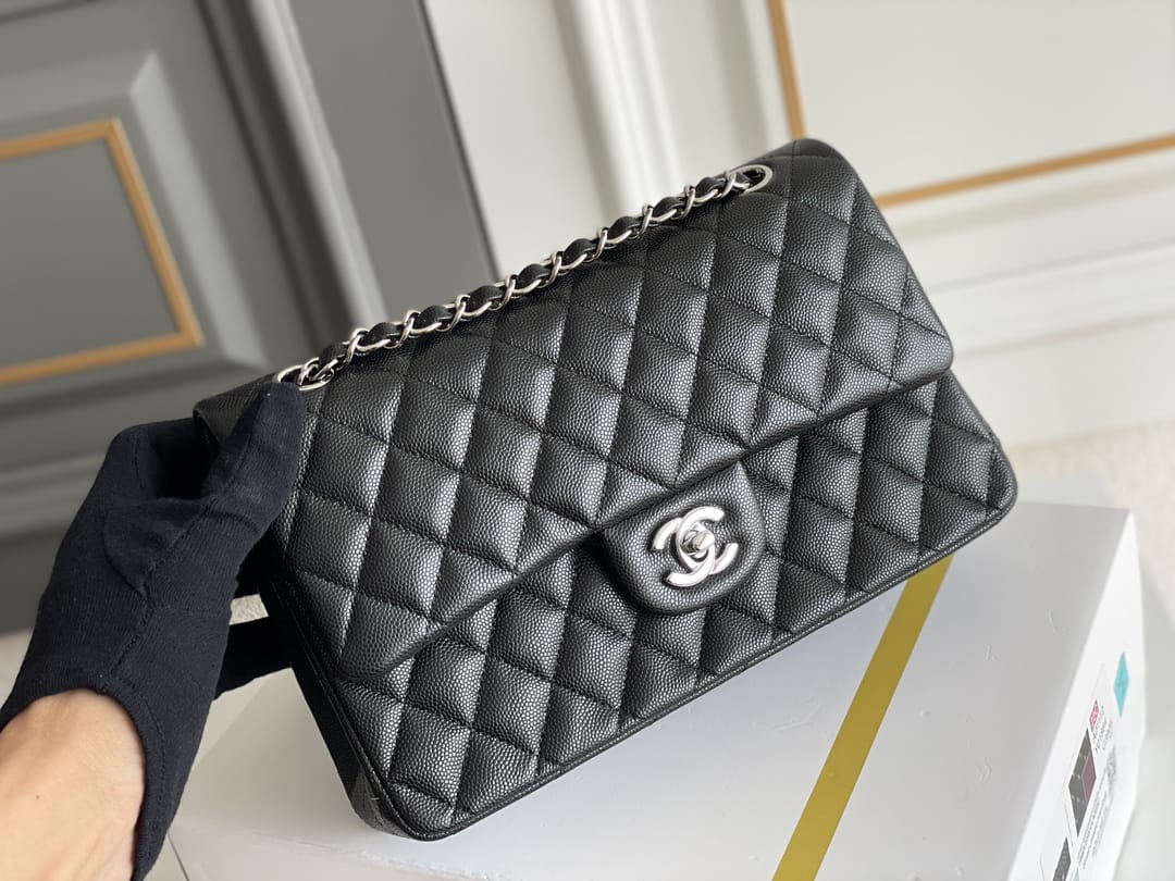 CHANEL Classic 11.12 Flap Bag in Grained Calfskin - Black & Silver