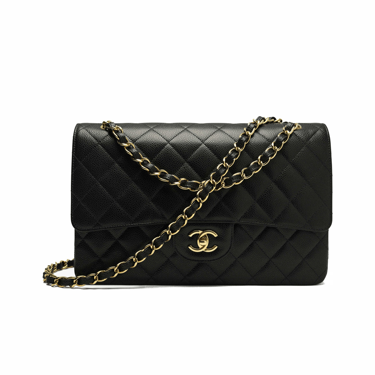 CHANEL Large Classic Flap Bag in Grained Calfskin - Black & Gold