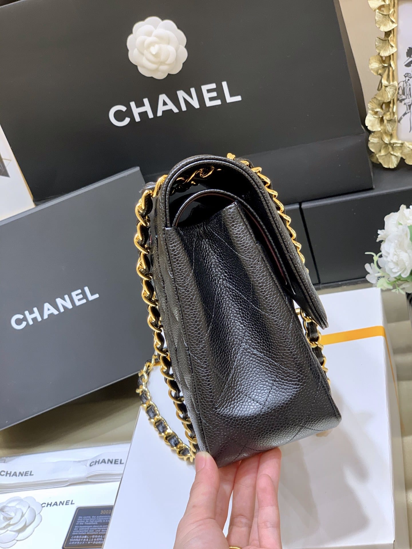 CHANEL Large Classic Flap Bag in Grained Calfskin - Black & Gold