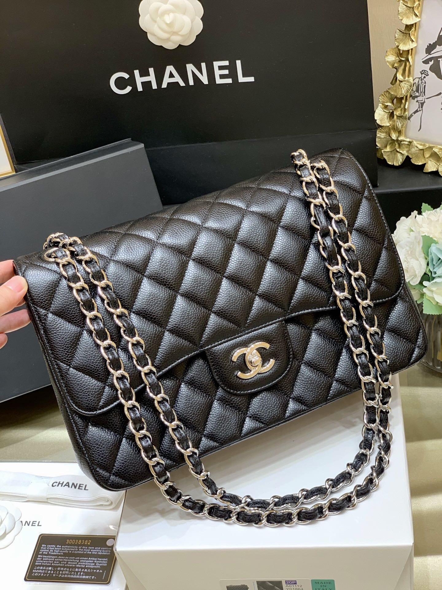 CHANEL Large Classic Flap Bag in Grained Calfskin - Black & Silver