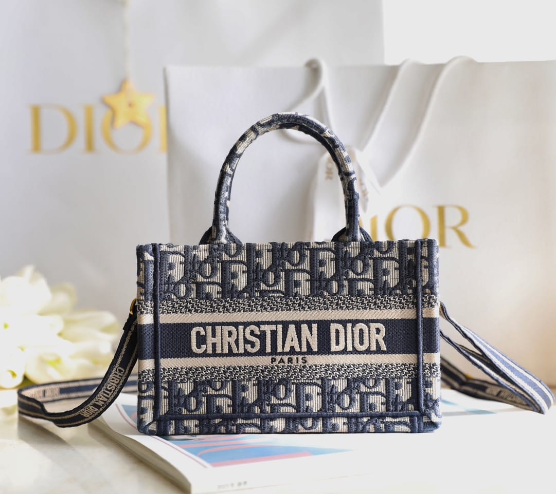 Dior Mini Book Tote Blue Dior Oblique Embroidery