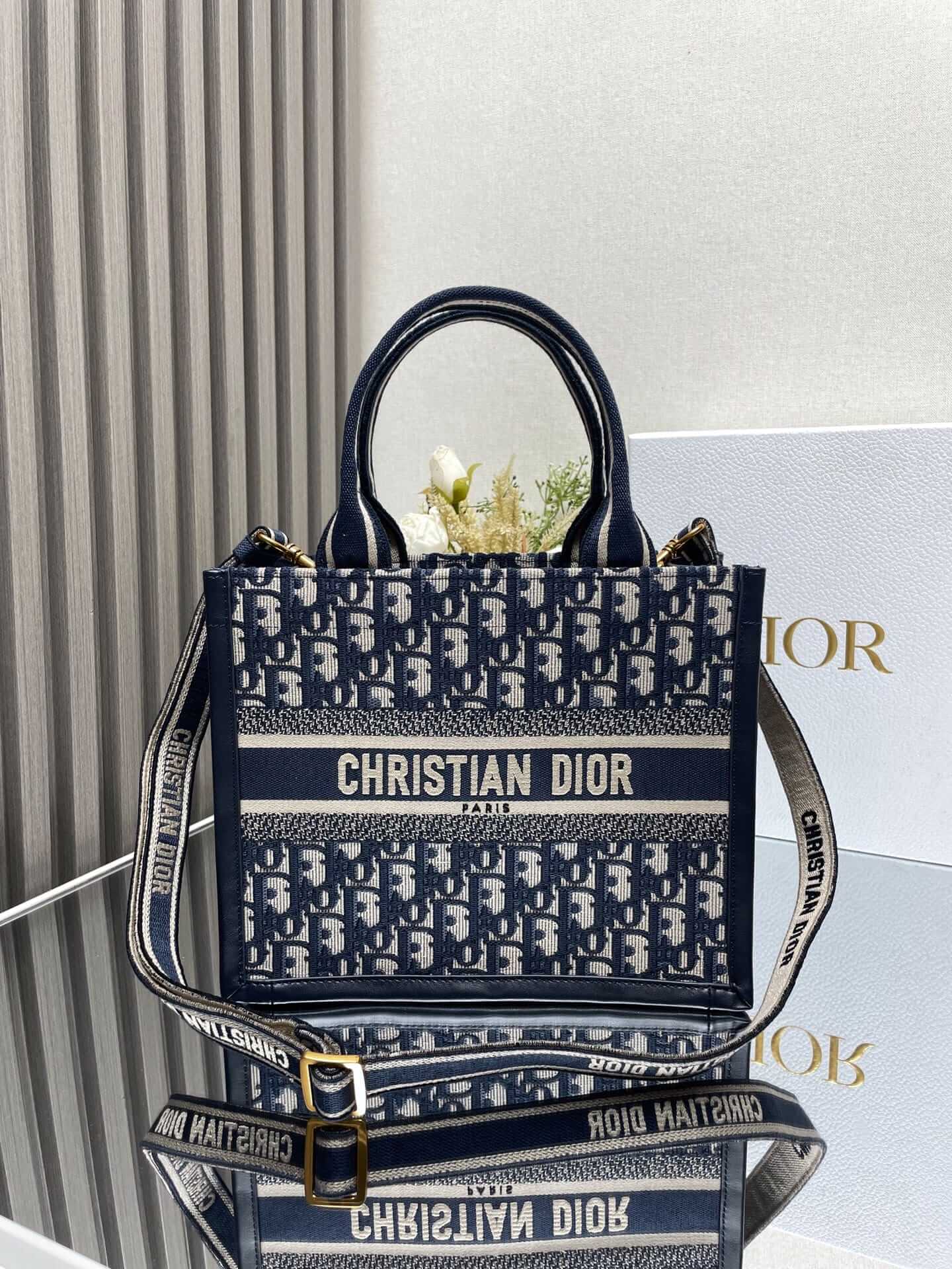 Dior Small Book Tote Blue Dior Oblique Embroidery and Calfskin