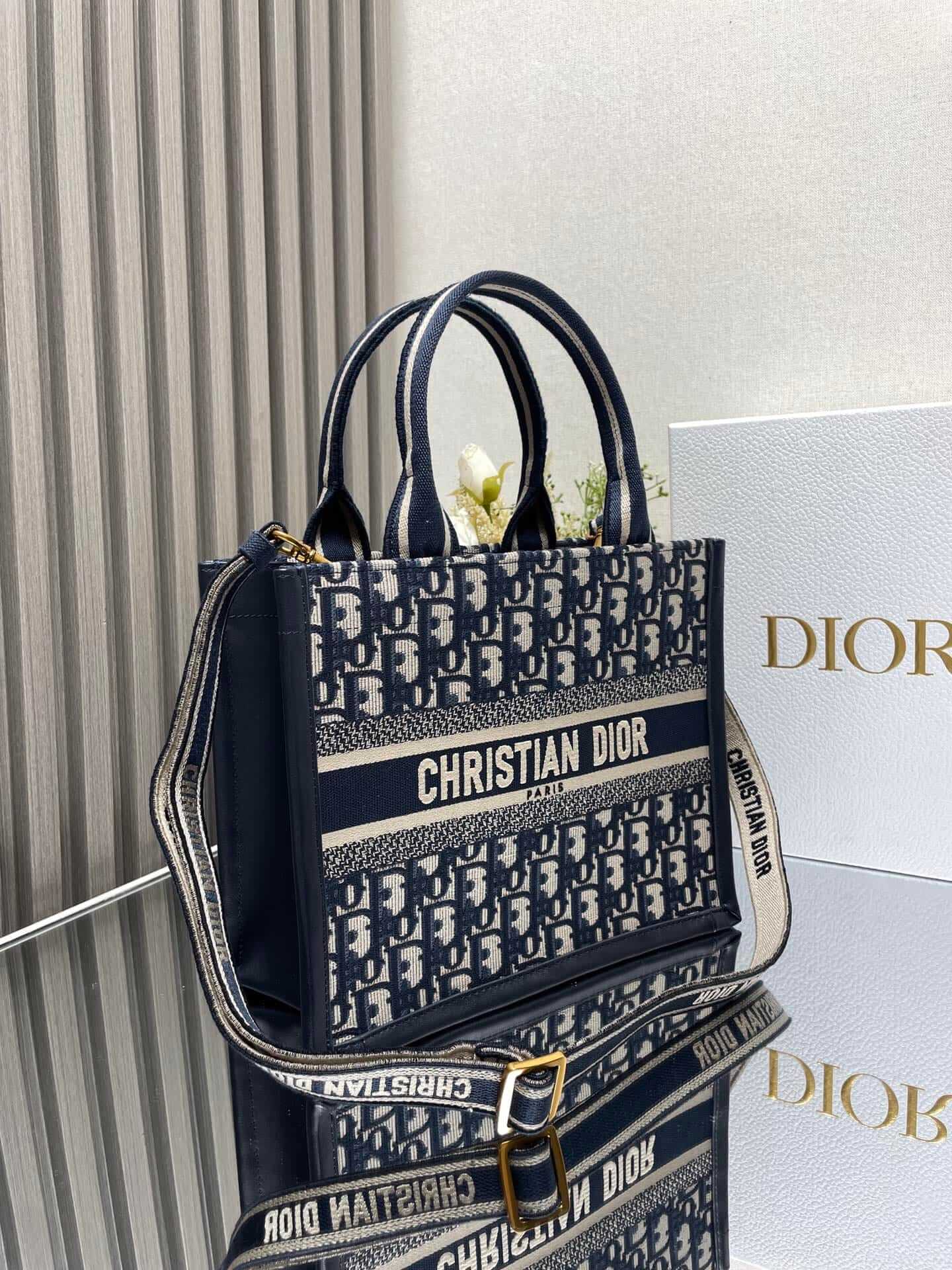 Dior Small Book Tote Blue Dior Oblique Embroidery and Calfskin