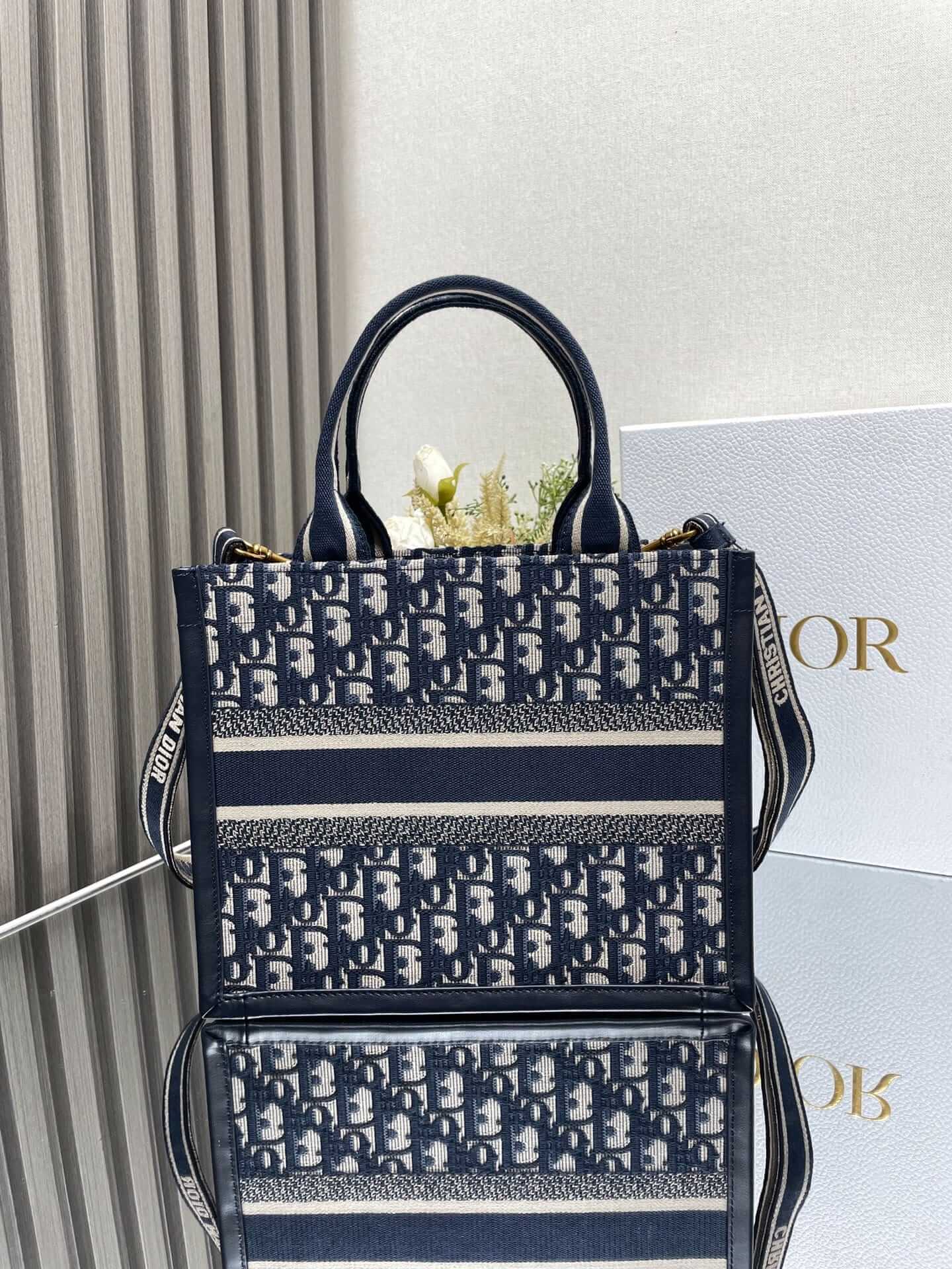 Dior Small Book Tote Blue Dior Oblique Embroidery and Calfskin