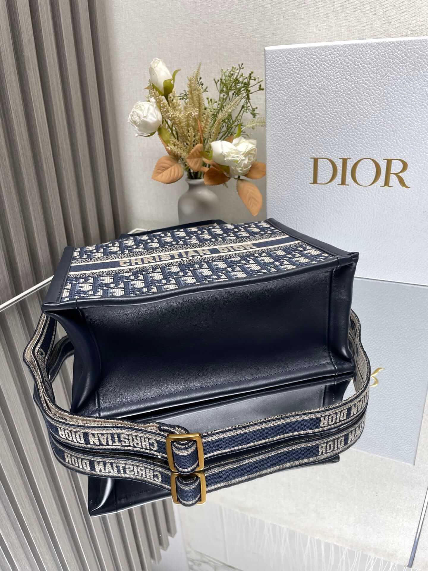 Dior Small Book Tote Blue Dior Oblique Embroidery and Calfskin