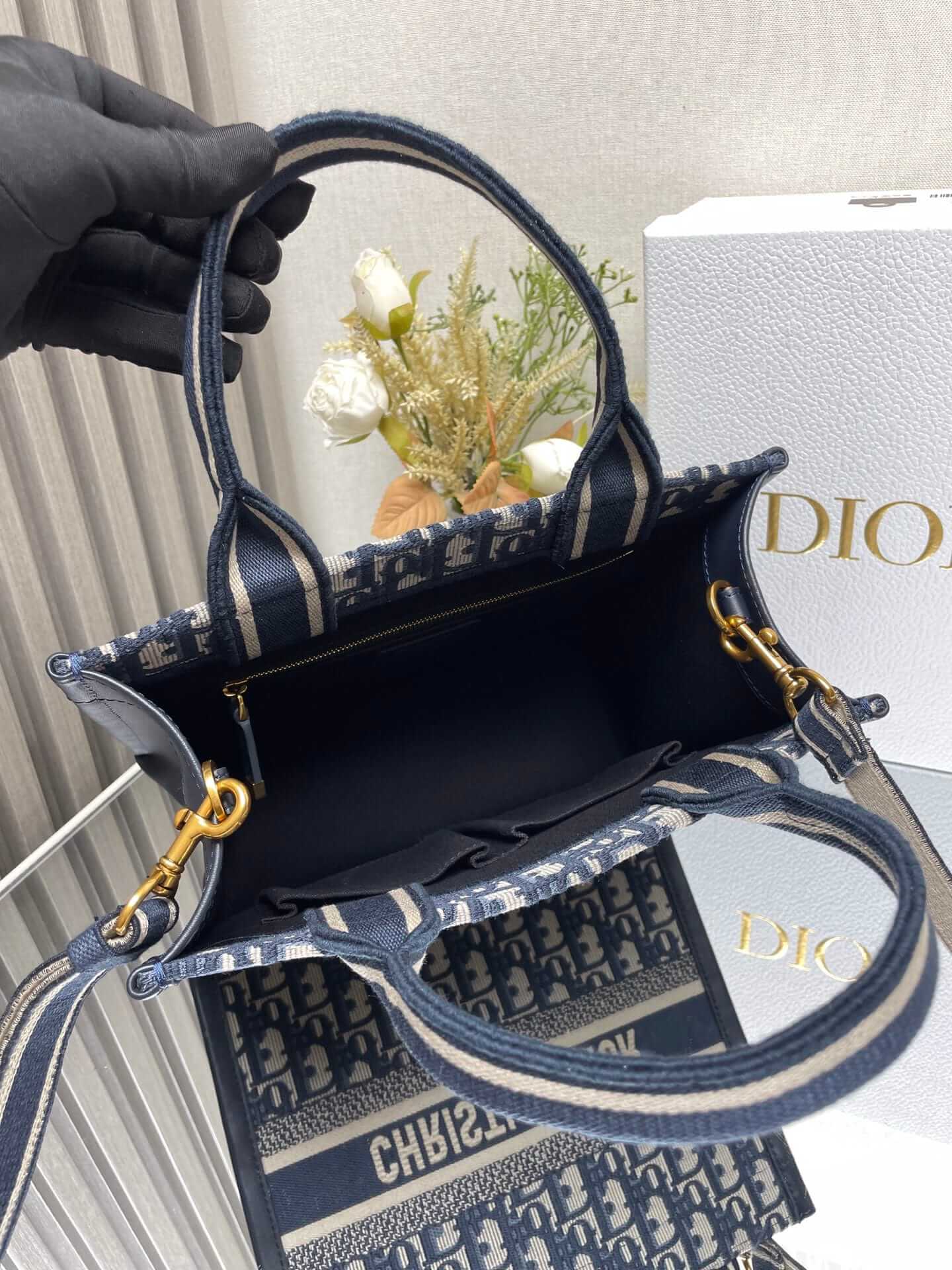 Dior Small Book Tote Blue Dior Oblique Embroidery and Calfskin