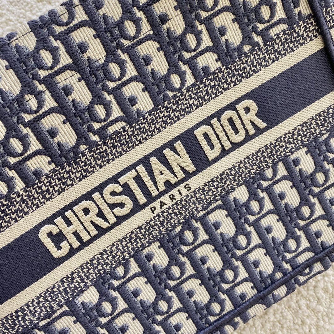 Dior Small Book Tote Ecru and Blue Dior Oblique Embroidery