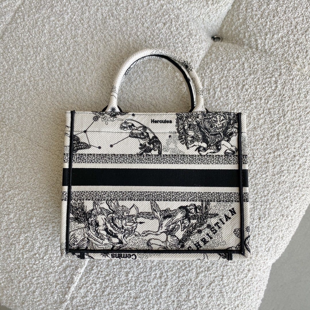 Dior Small Book Tote Latte and Black Toile de Jouy Zodiac Embroidery