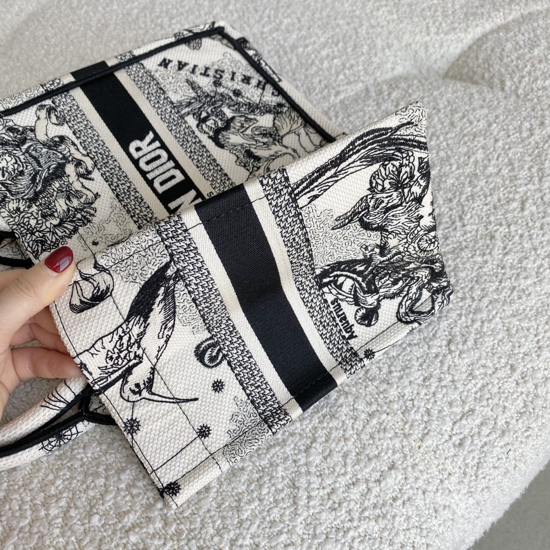 Dior Small Book Tote Latte and Black Toile de Jouy Zodiac Embroidery