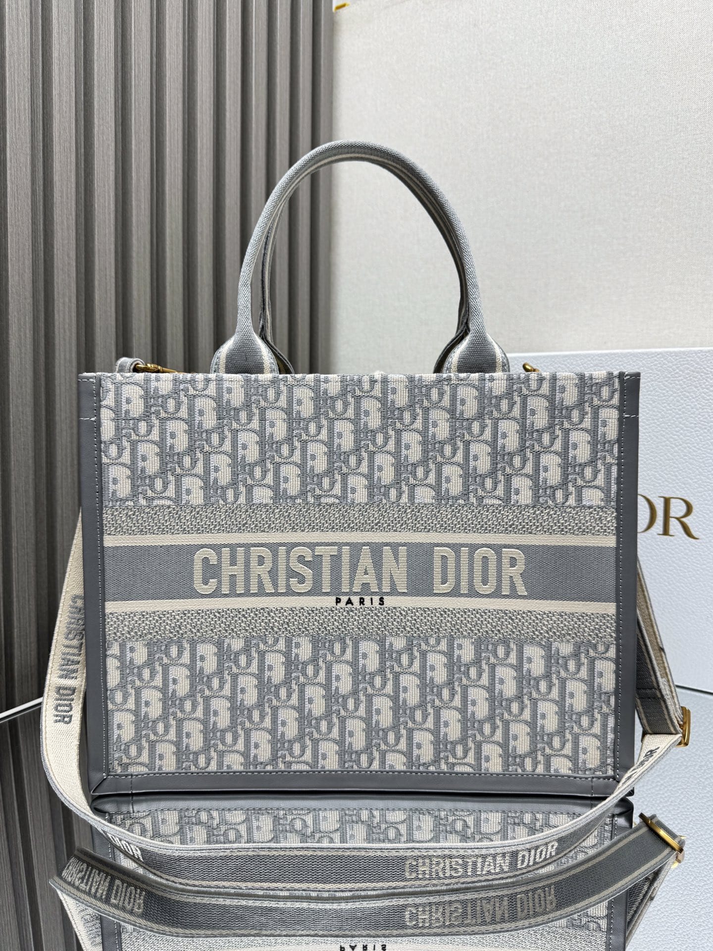 Dior Medium Book Tote Gray Dior Oblique Embroidery and Calfskin