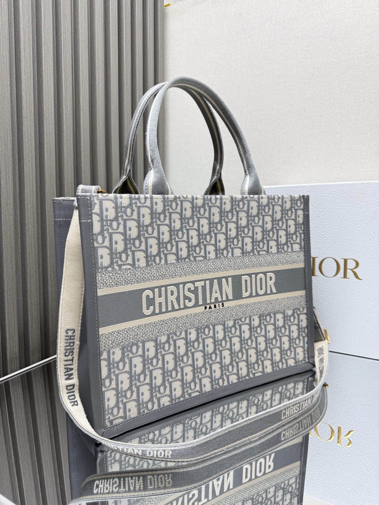 Dior Medium Book Tote Gray Dior Oblique Embroidery and Calfskin