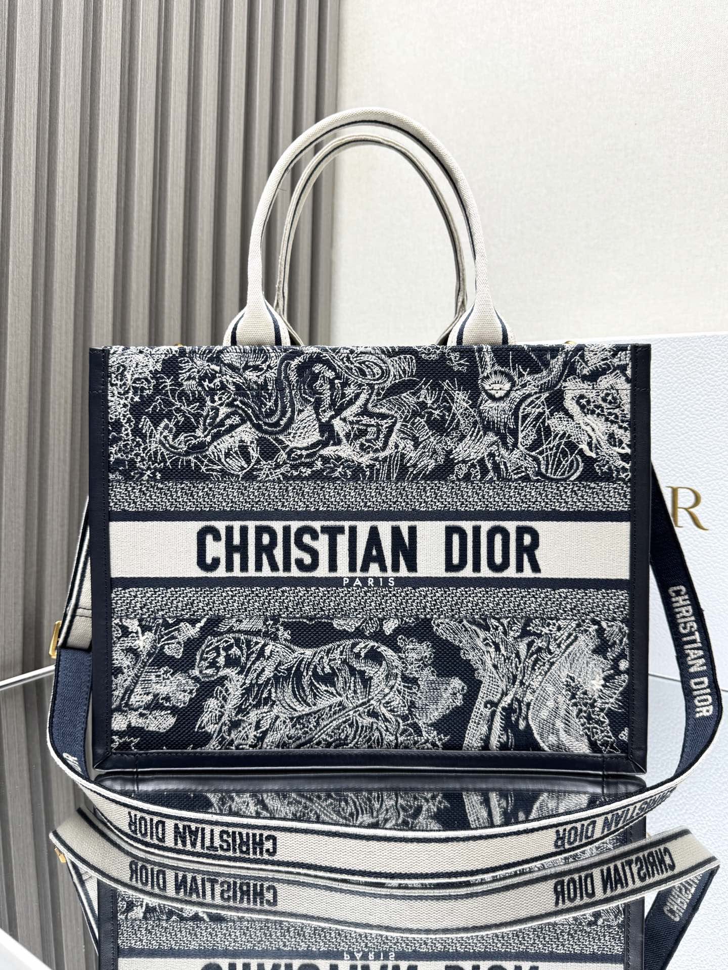 Dior Medium Book Tote Blue and Ecru Toile de Jouy Reverse Embroidery with Blue Calfskin