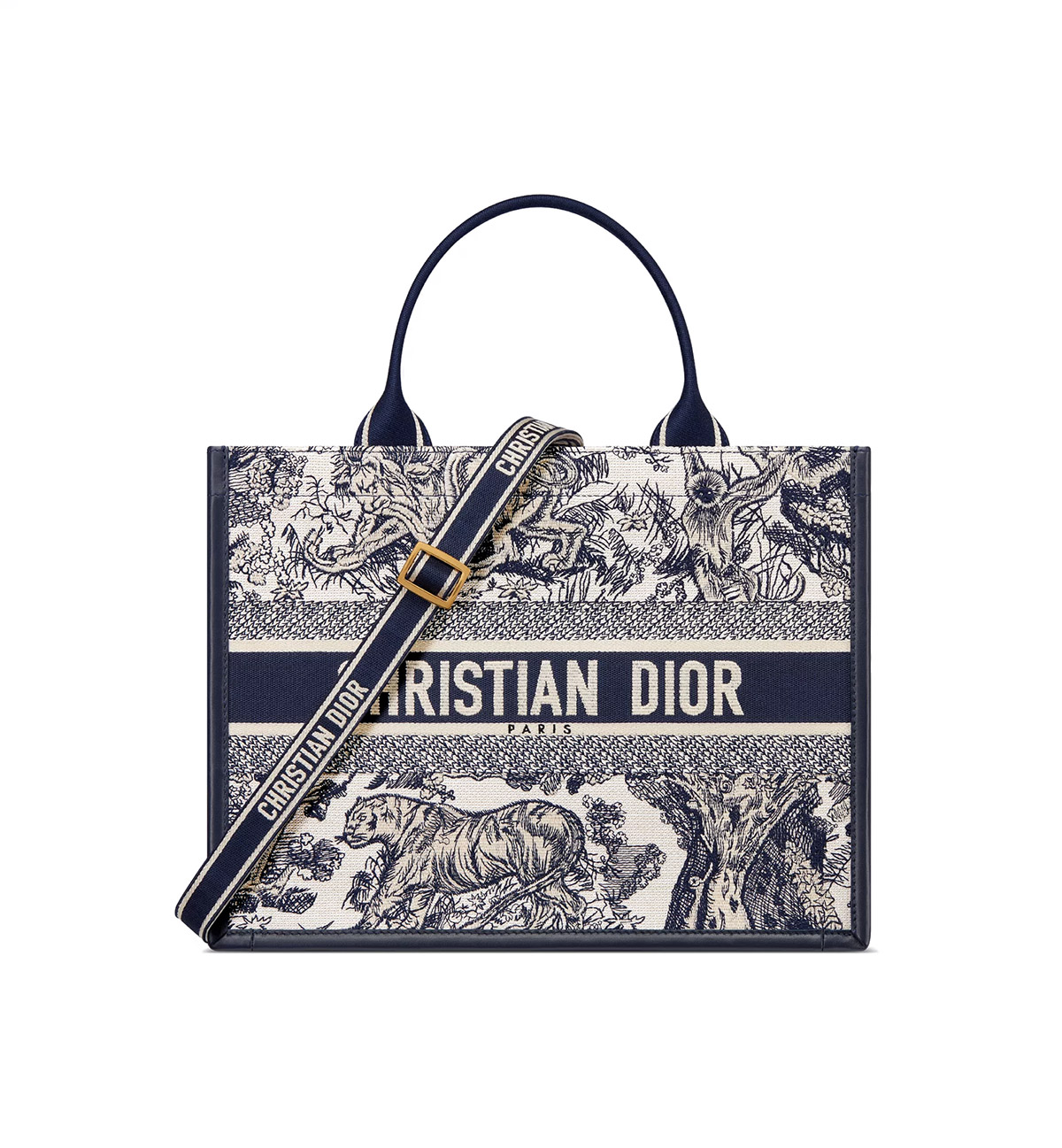 Dior Medium Book Tote White and Navy Blue Toile de Jouy Sauvage Embroidery with Navy Blue Calfskin