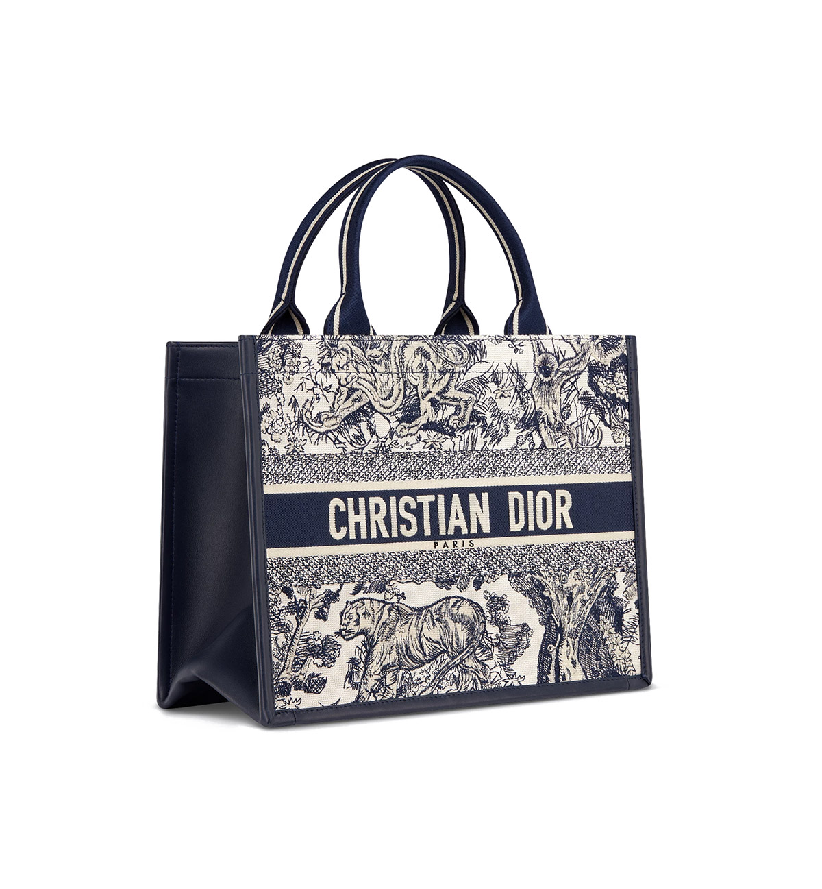 Dior Medium Book Tote White and Navy Blue Toile de Jouy Sauvage Embroidery with Navy Blue Calfskin