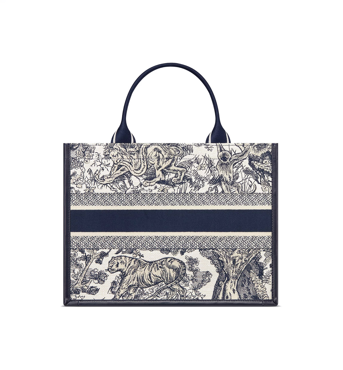 Dior Medium Book Tote White and Navy Blue Toile de Jouy Sauvage Embroidery with Navy Blue Calfskin