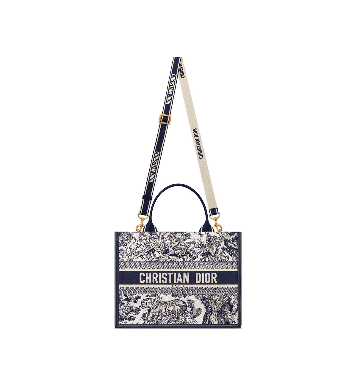 Dior Medium Book Tote White and Navy Blue Toile de Jouy Sauvage Embroidery with Navy Blue Calfskin