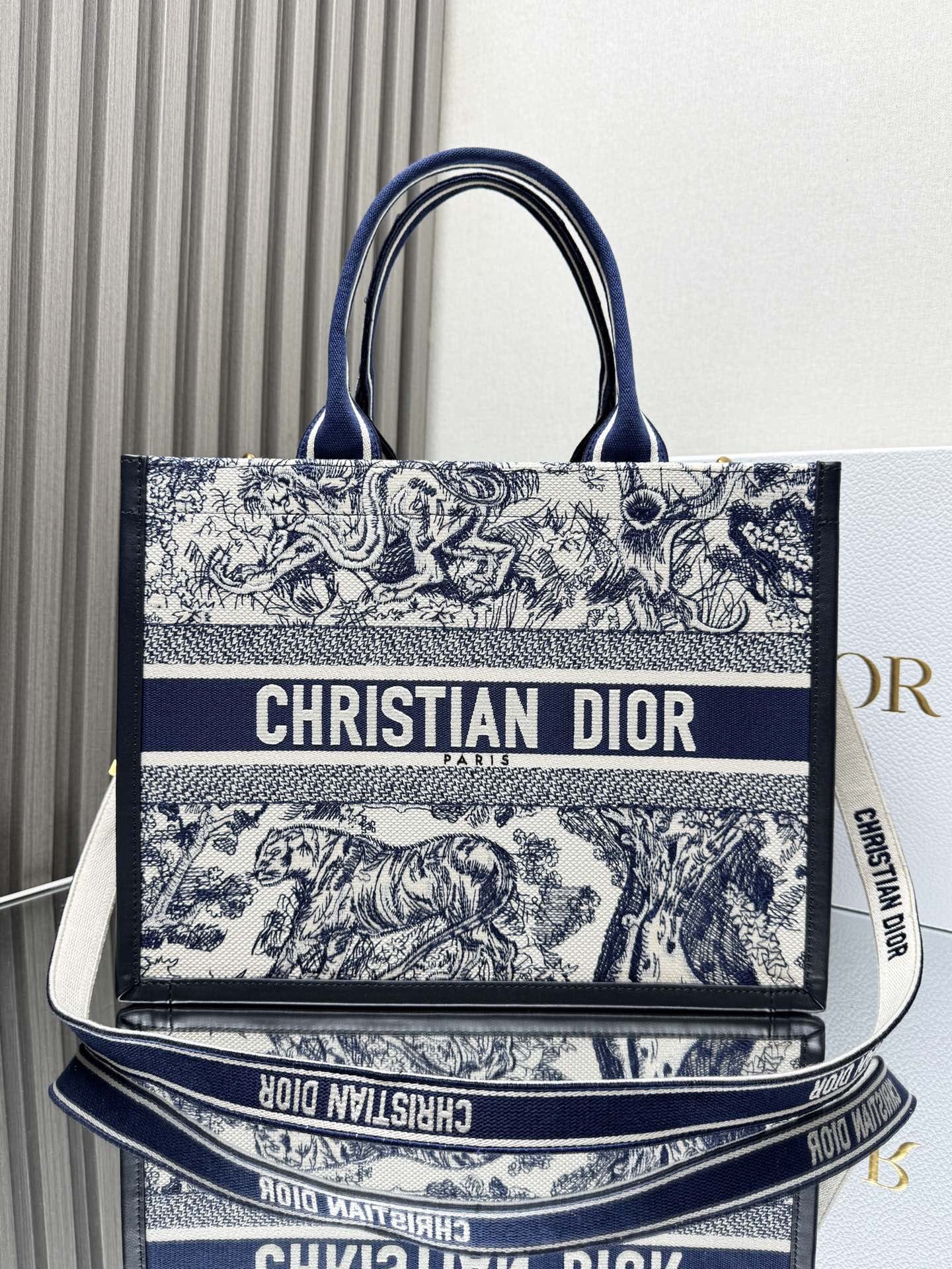 Dior Medium Book Tote White and Navy Blue Toile de Jouy Sauvage Embroidery with Navy Blue Calfskin