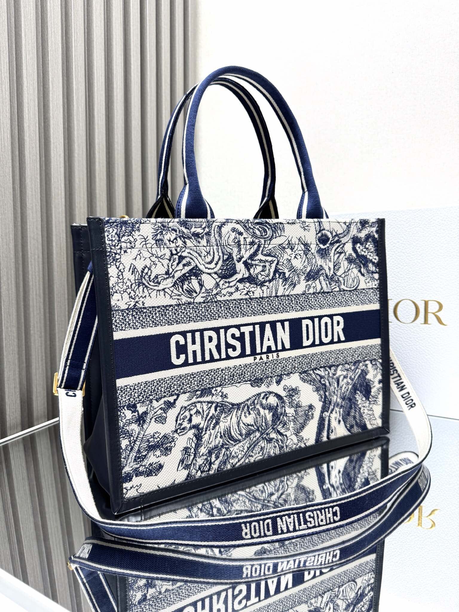 Dior Medium Book Tote White and Navy Blue Toile de Jouy Sauvage Embroidery with Navy Blue Calfskin