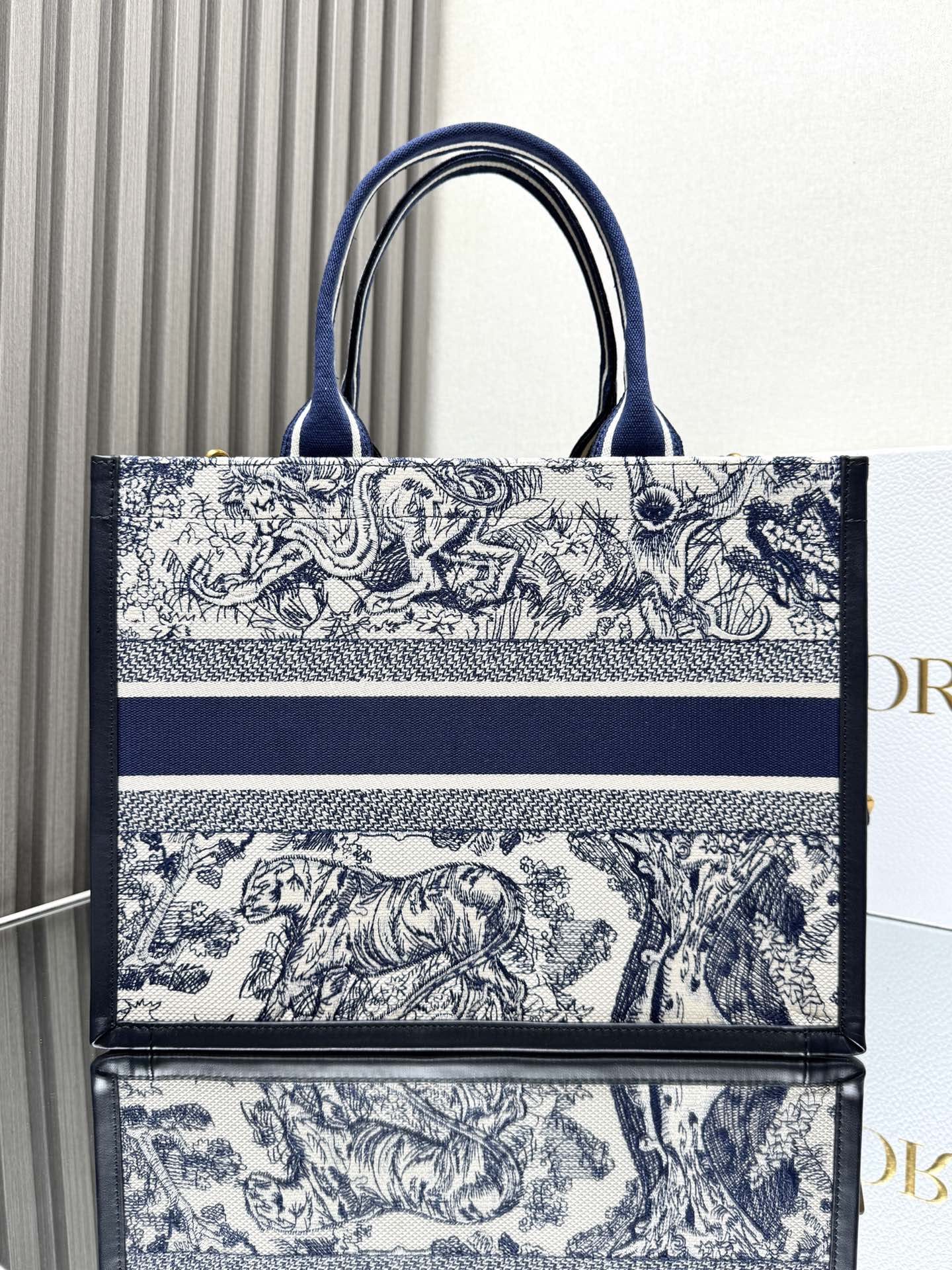 Dior Medium Book Tote White and Navy Blue Toile de Jouy Sauvage Embroidery with Navy Blue Calfskin