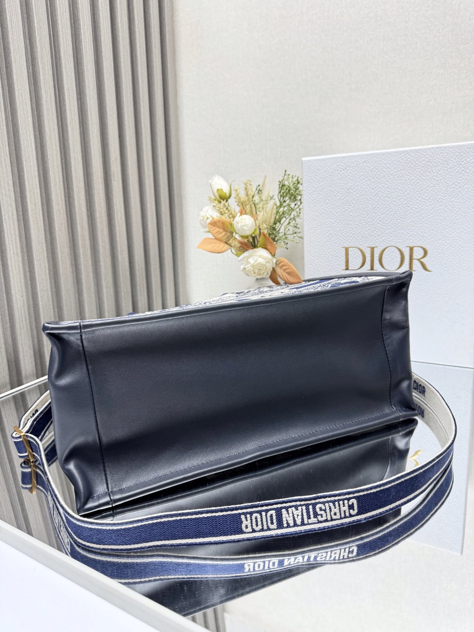 Dior Medium Book Tote White and Navy Blue Toile de Jouy Sauvage Embroidery with Navy Blue Calfskin