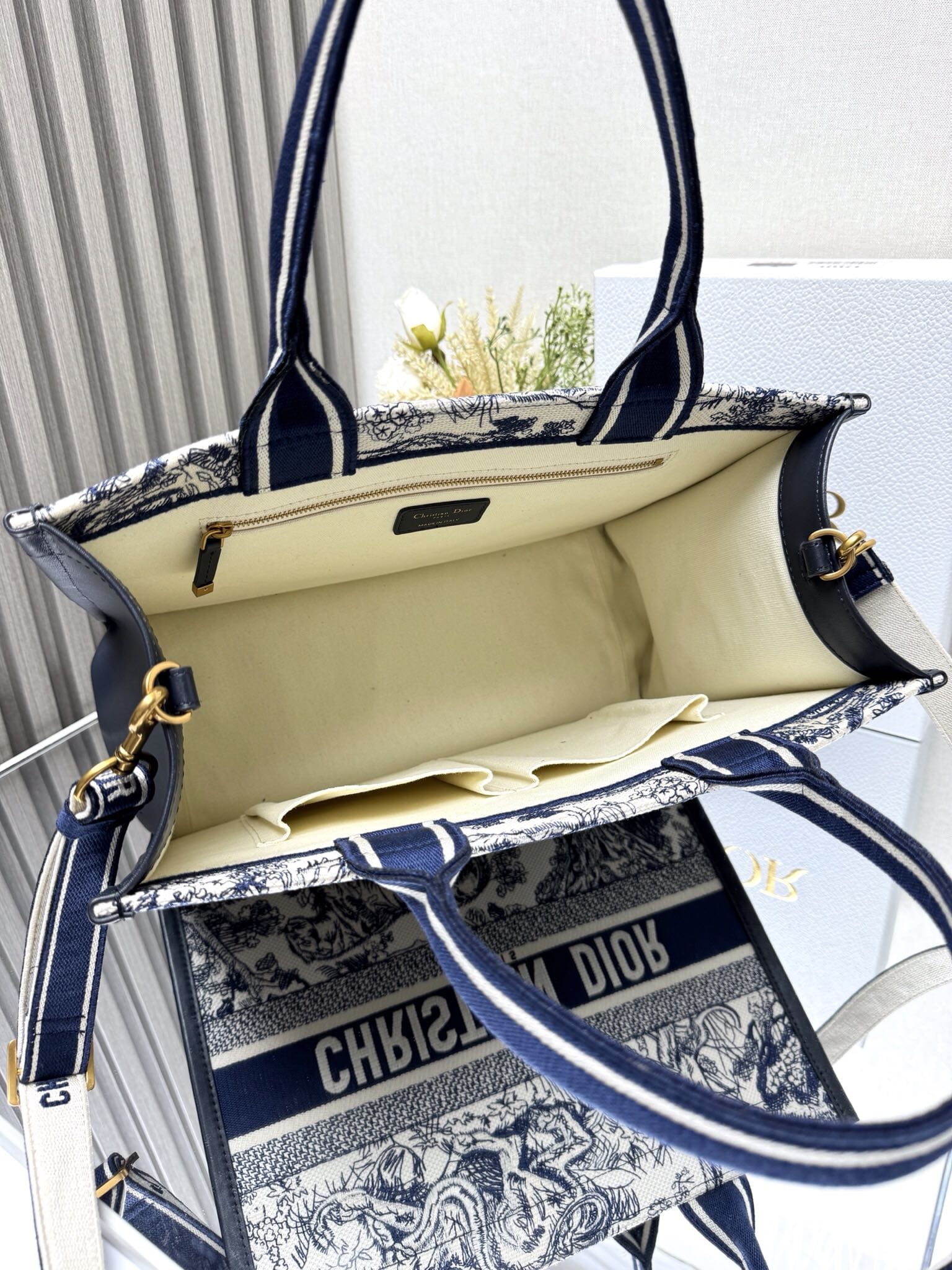 Dior Medium Book Tote White and Navy Blue Toile de Jouy Sauvage Embroidery with Navy Blue Calfskin