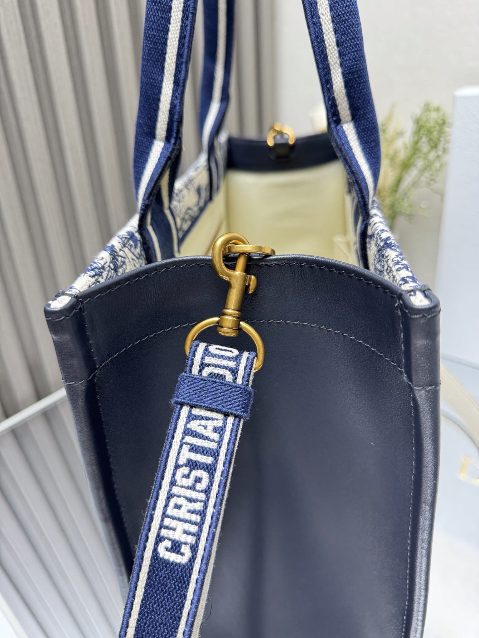 Dior Medium Book Tote White and Navy Blue Toile de Jouy Sauvage Embroidery with Navy Blue Calfskin