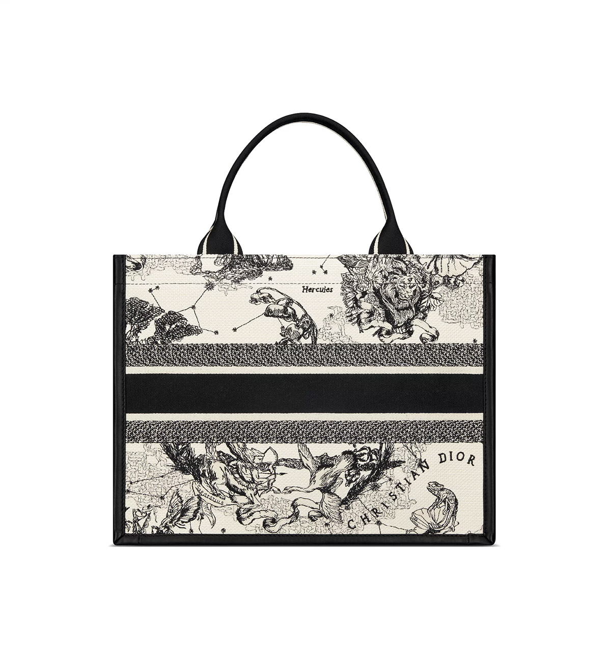 Dior Medium Book Tote Latte and Black Dior Zodiac Embroidery with Black Calfskin