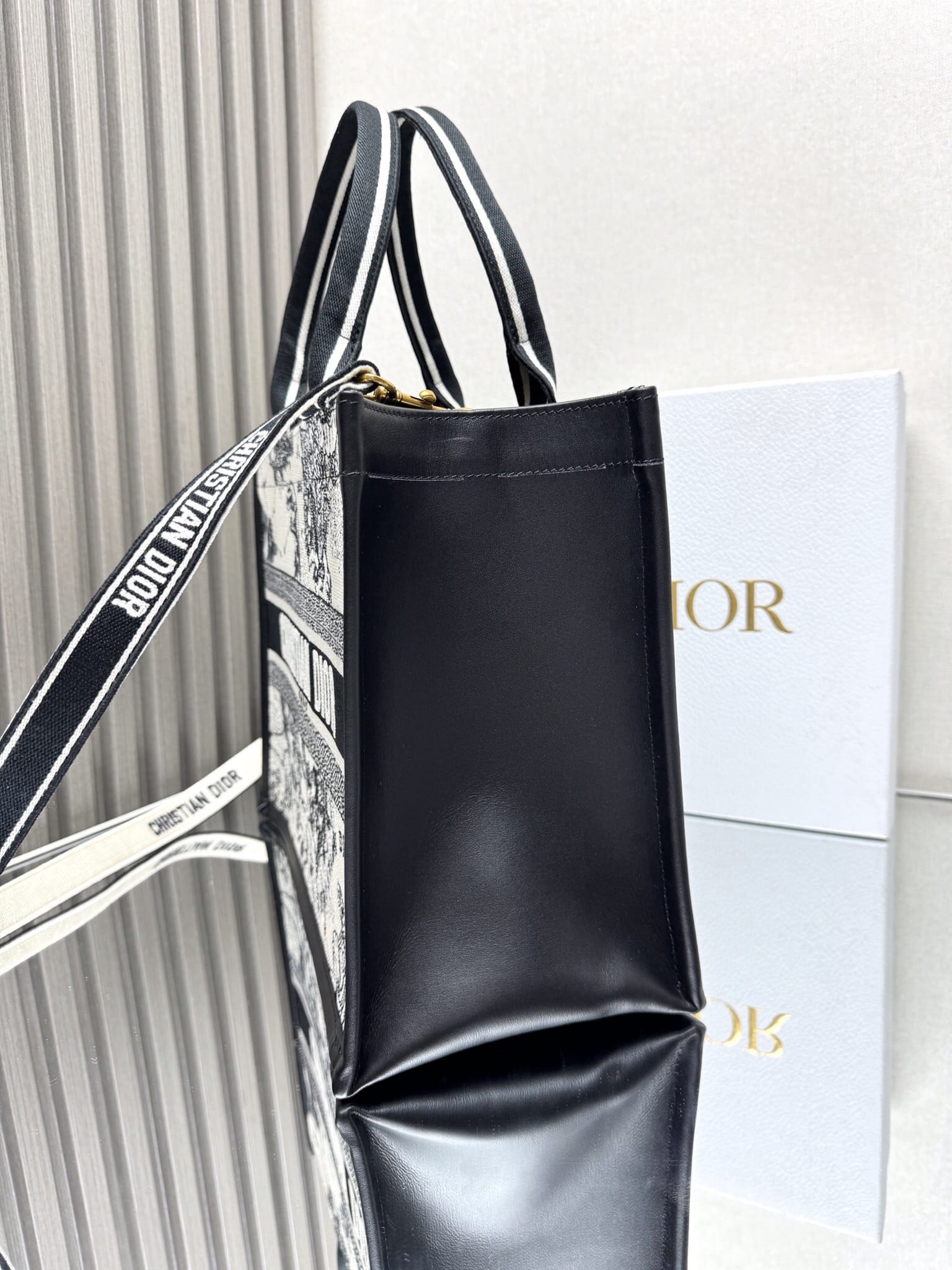 Dior Medium Book Tote Latte and Black Dior Zodiac Embroidery with Black Calfskin