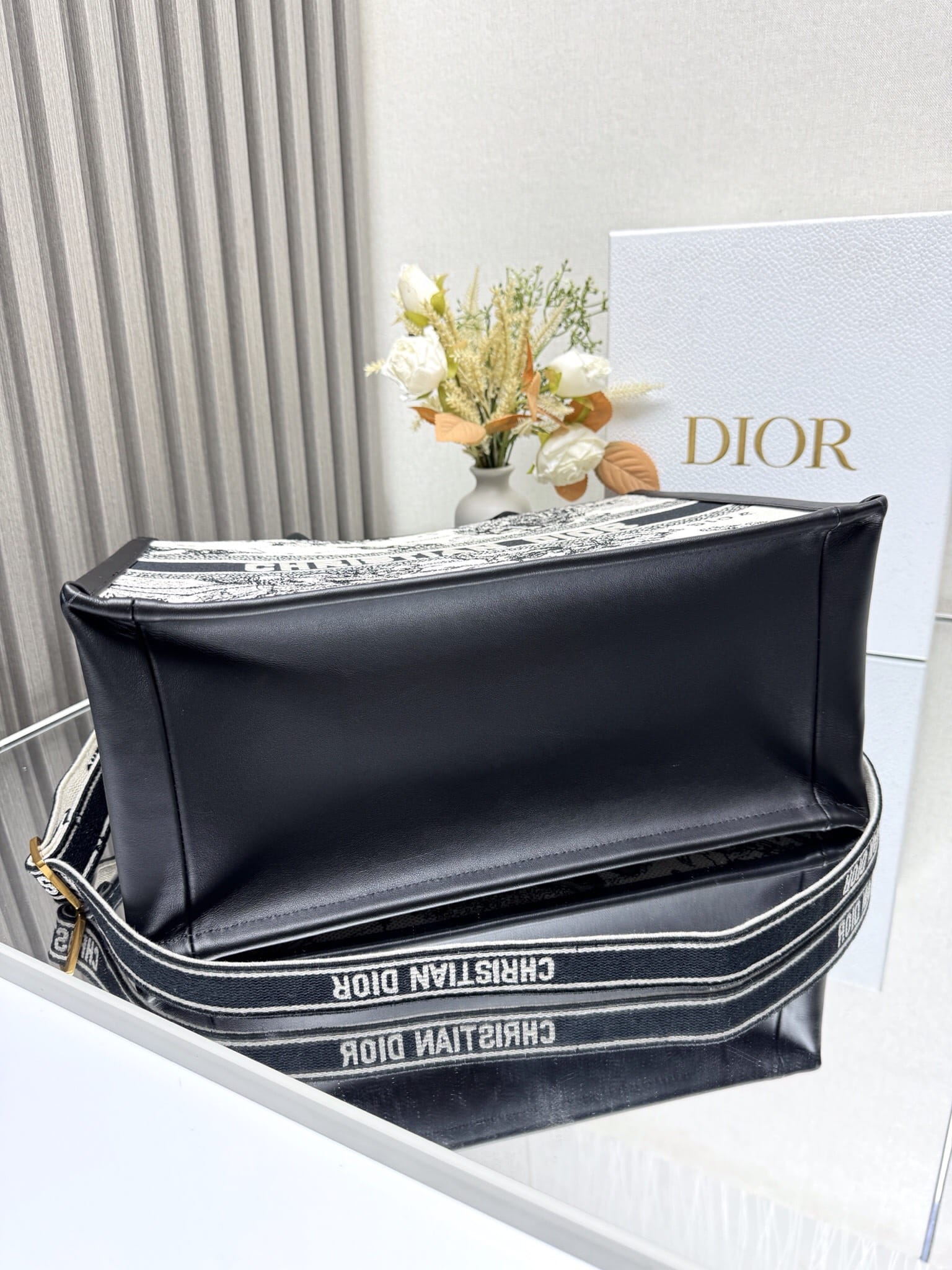 Dior Medium Book Tote Latte and Black Dior Zodiac Embroidery with Black Calfskin