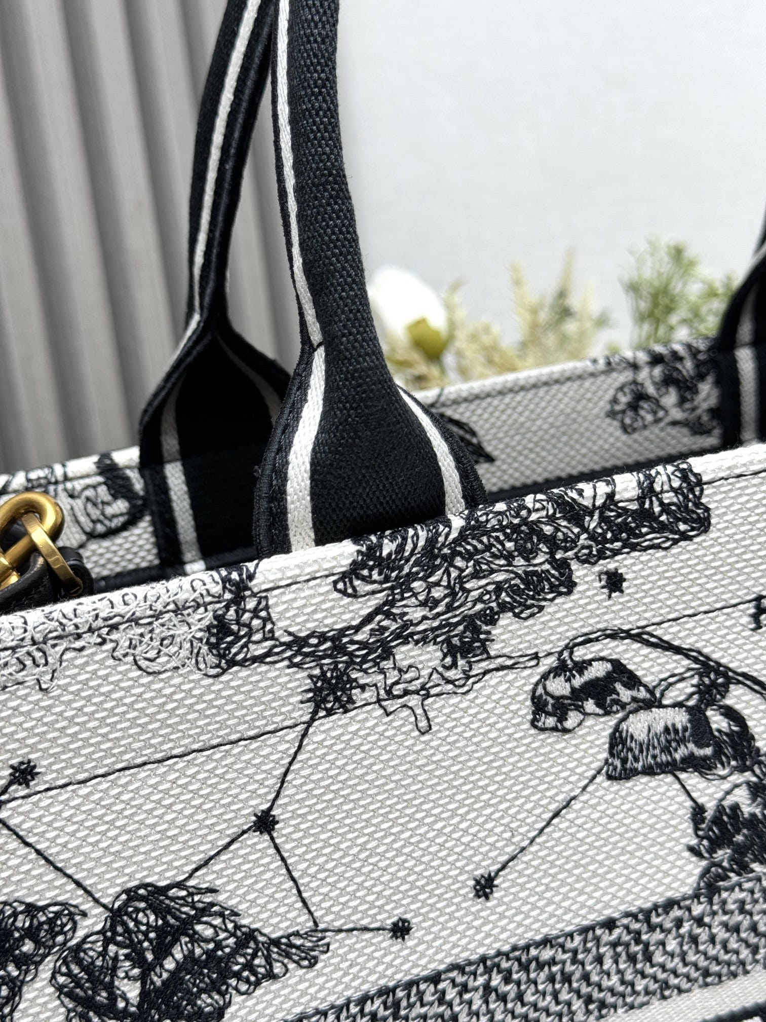 Dior Medium Book Tote Latte and Black Dior Zodiac Embroidery with Black Calfskin