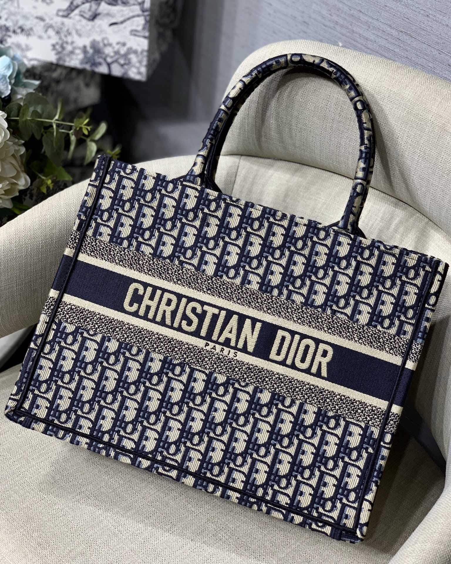 Dior Medium Book Tote Ecru and Blue Dior Oblique Embroidery