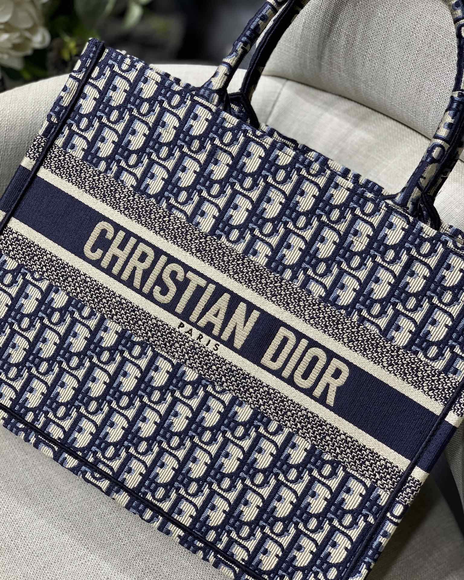 Dior Medium Book Tote Ecru and Blue Dior Oblique Embroidery