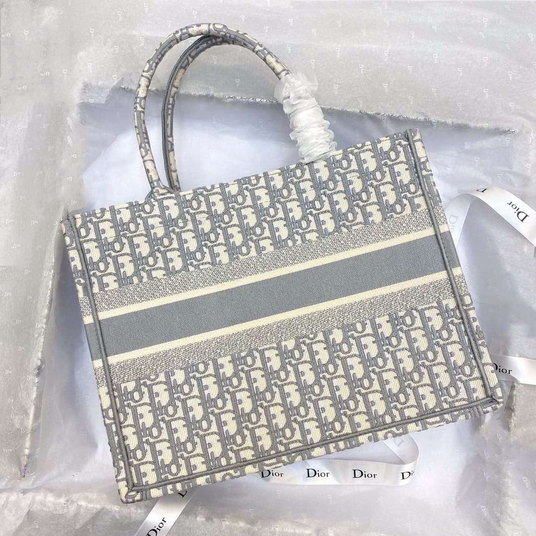 Dior Medium Book Tote Ecru and Gray Dior Oblique Embroidery