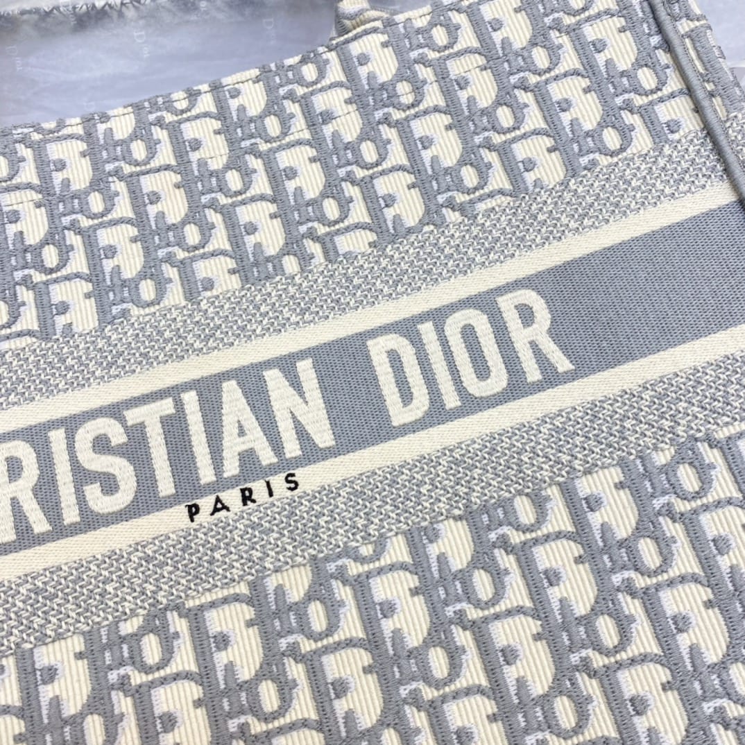 Dior Medium Book Tote Ecru and Gray Dior Oblique Embroidery