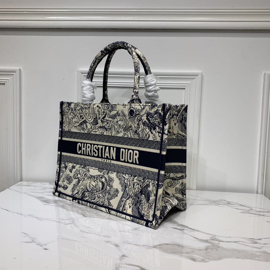 Dior Medium Book Tote Ecru and Blue Toile de Jouy Embroidery