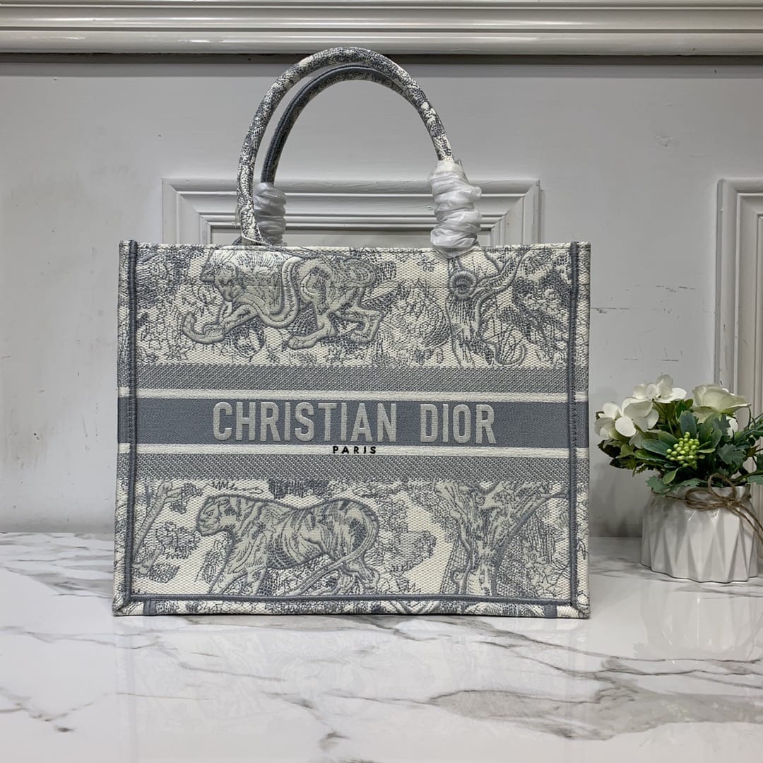 Dior Medium Book Tote Ecru and Gray Toile de Jouy Embroidery