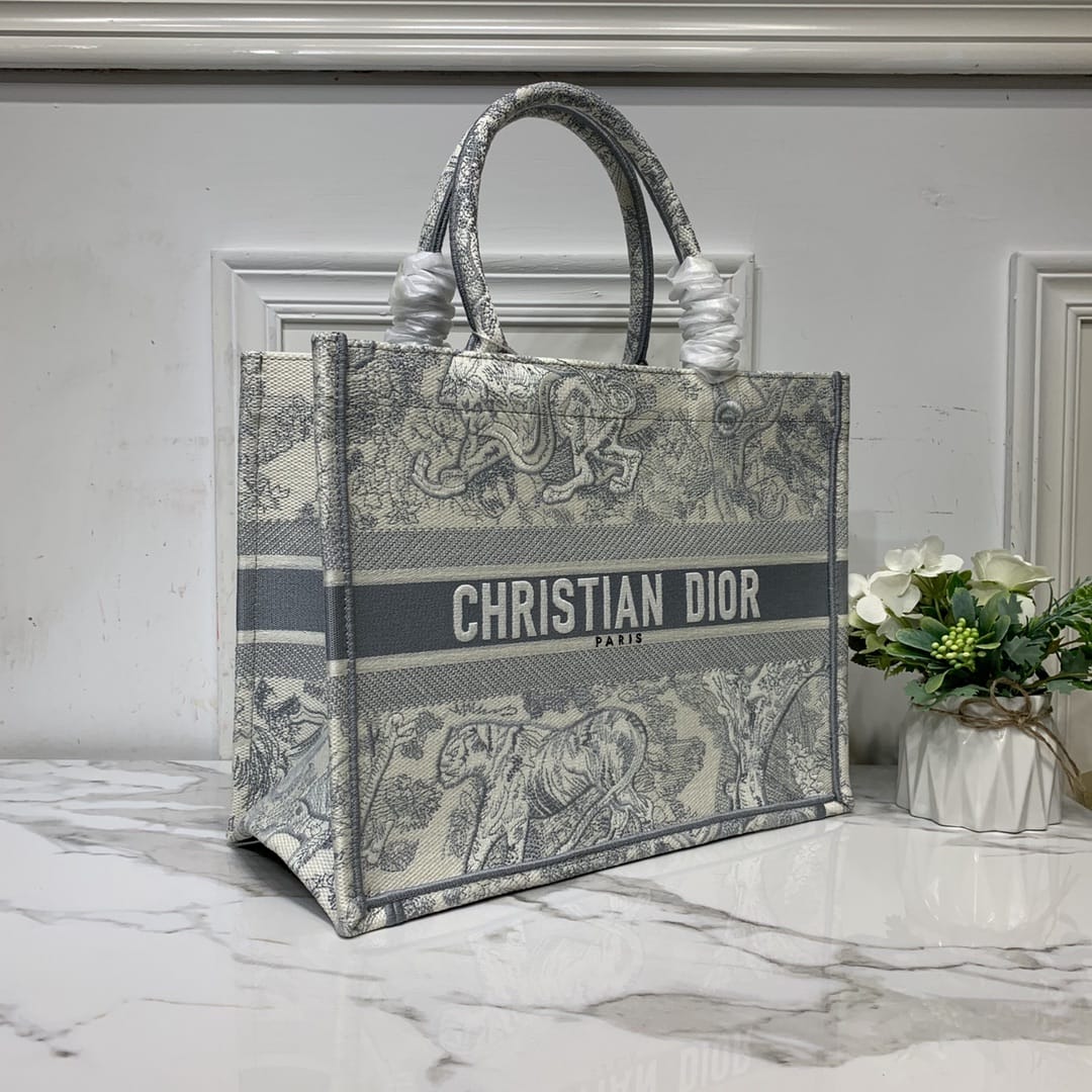 Dior Medium Book Tote Ecru and Gray Toile de Jouy Embroidery