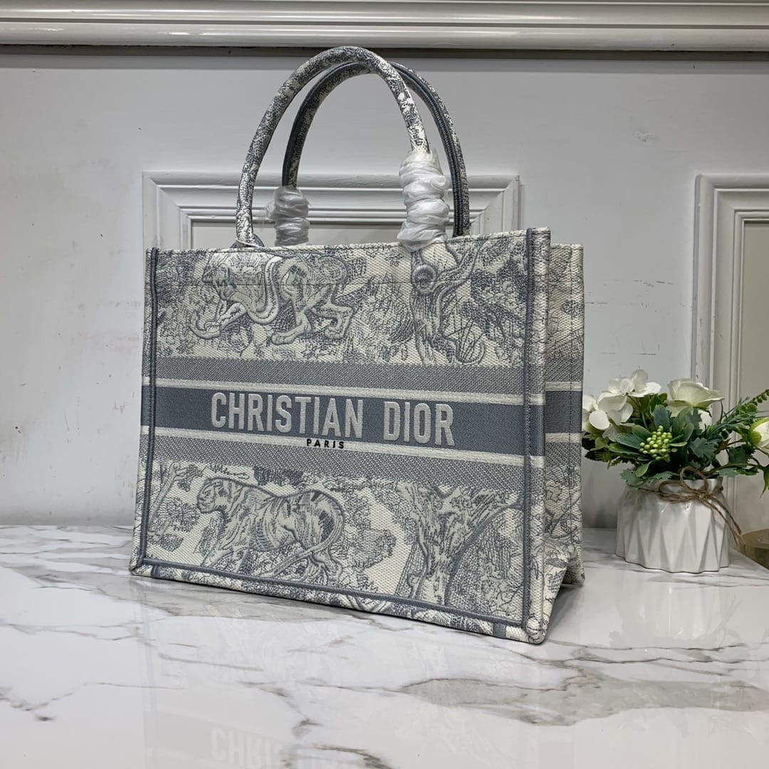 Dior Medium Book Tote Ecru and Gray Toile de Jouy Embroidery