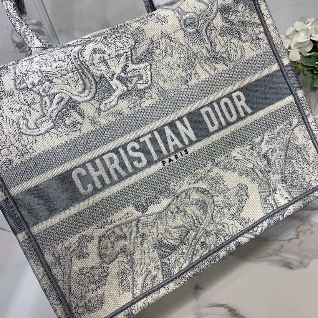 Dior Medium Book Tote Ecru and Gray Toile de Jouy Embroidery