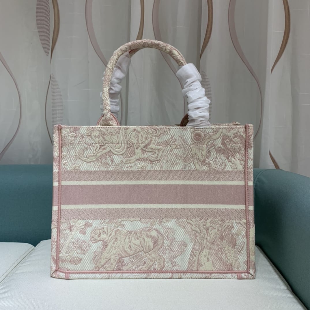 Dior Medium Book Tote Ecru and Pink Toile de Jouy Embroidery