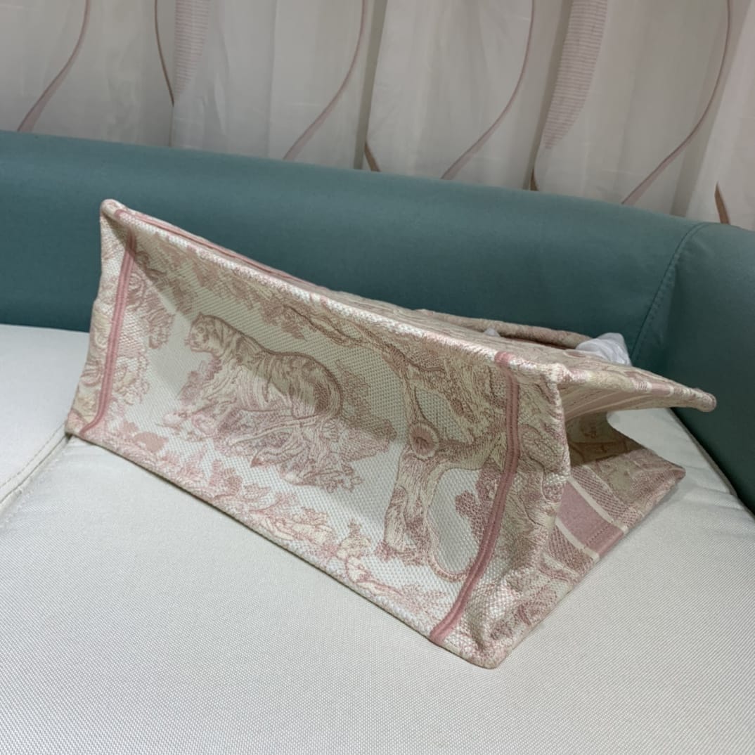 Dior Medium Book Tote Ecru and Pink Toile de Jouy Embroidery