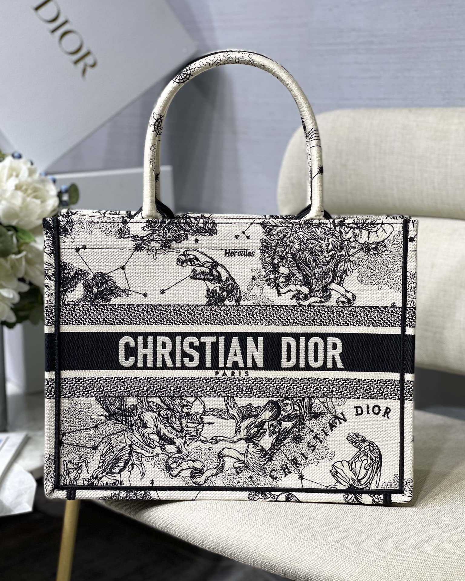 Dior Medium Book Tote Latte and Black Dior Zodiac Embroidery