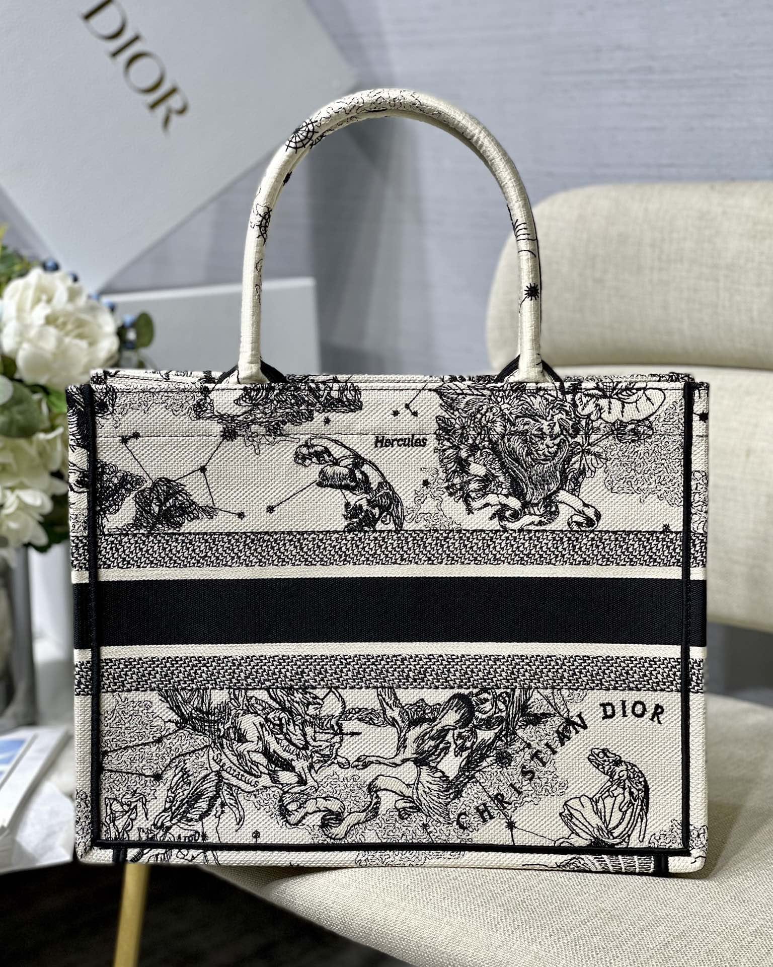 Dior Medium Book Tote Latte and Black Dior Zodiac Embroidery