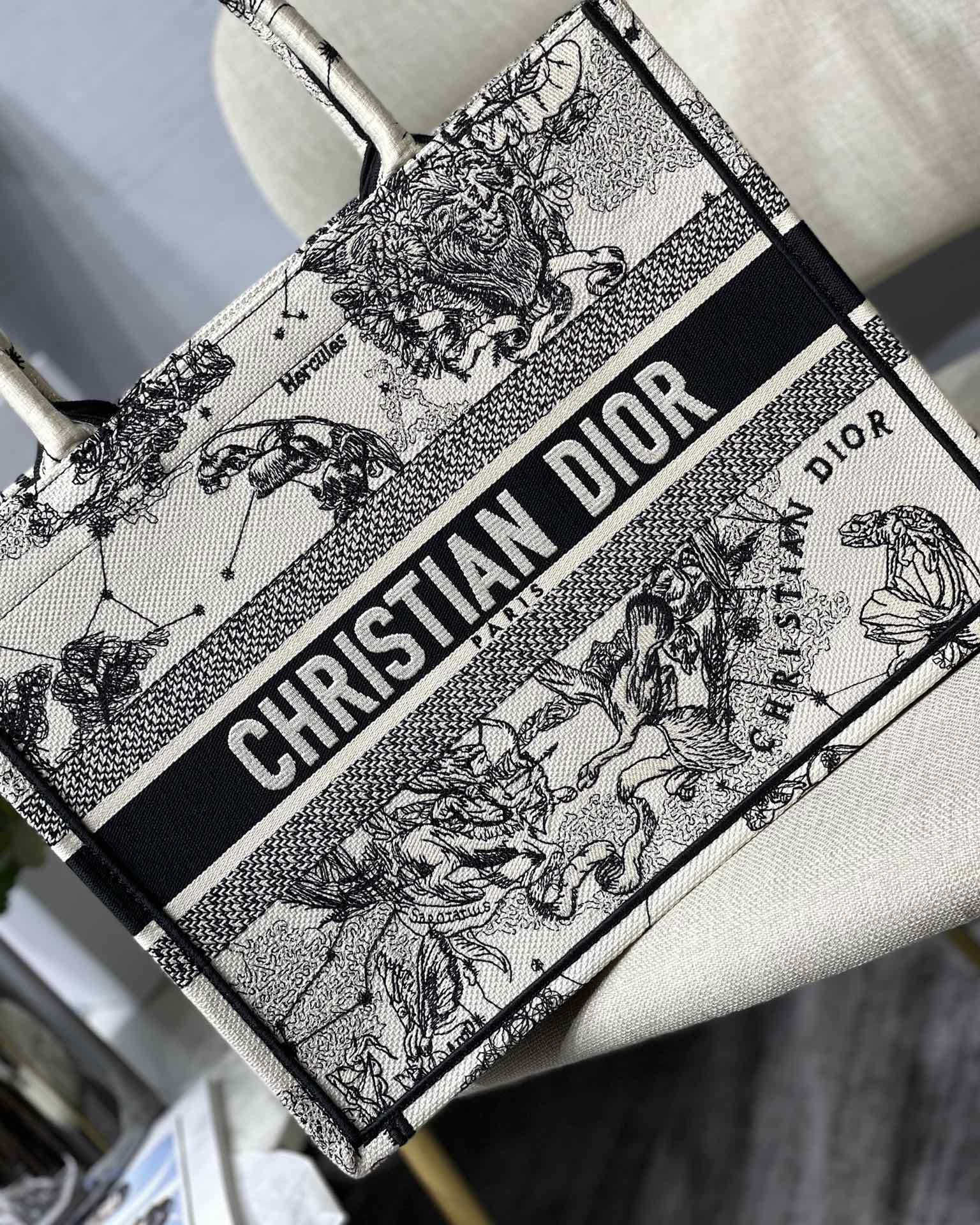 Dior Medium Book Tote Latte and Black Dior Zodiac Embroidery