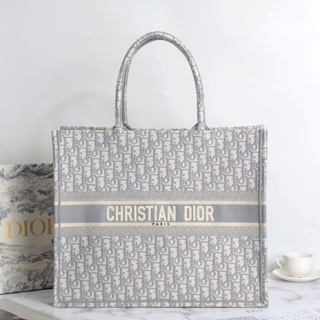 Dior Large Book Tote Ecru and Gray Dior Oblique Embroidery 