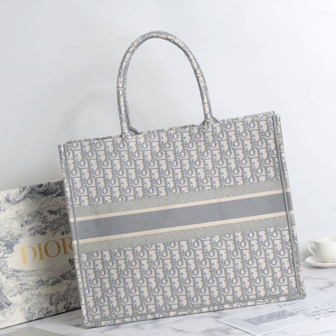 Dior Large Book Tote Ecru and Gray Dior Oblique Embroidery 