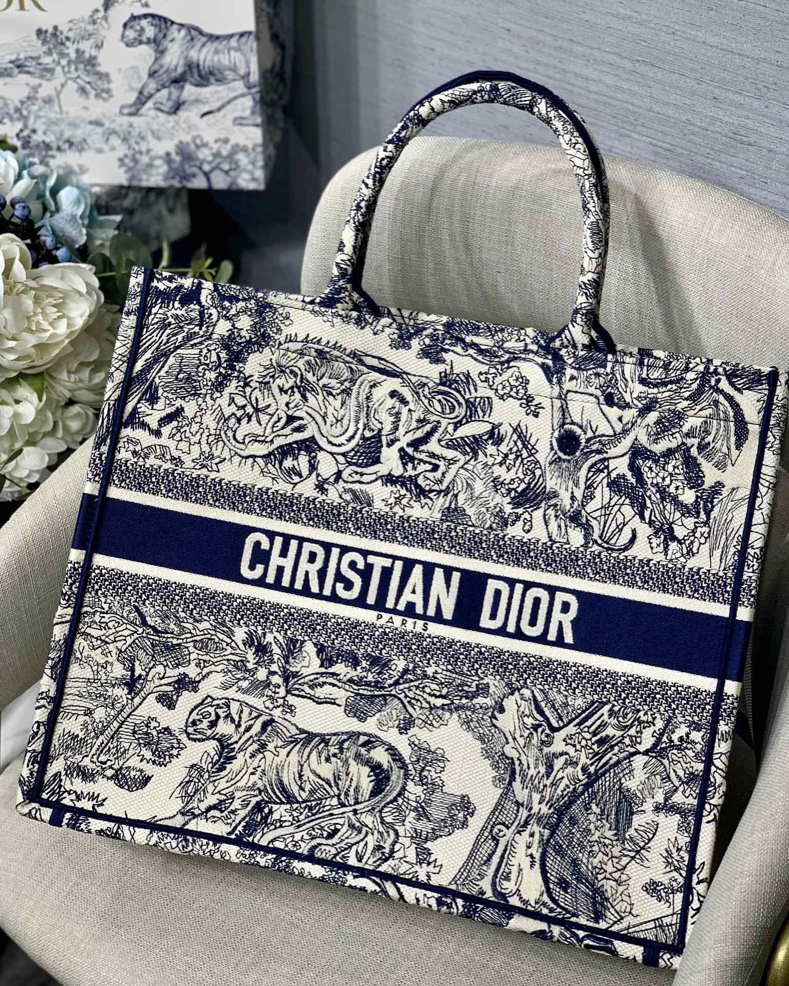 Dior Large Book Tote Ecru and Blue Toile de Jouy Embroidery