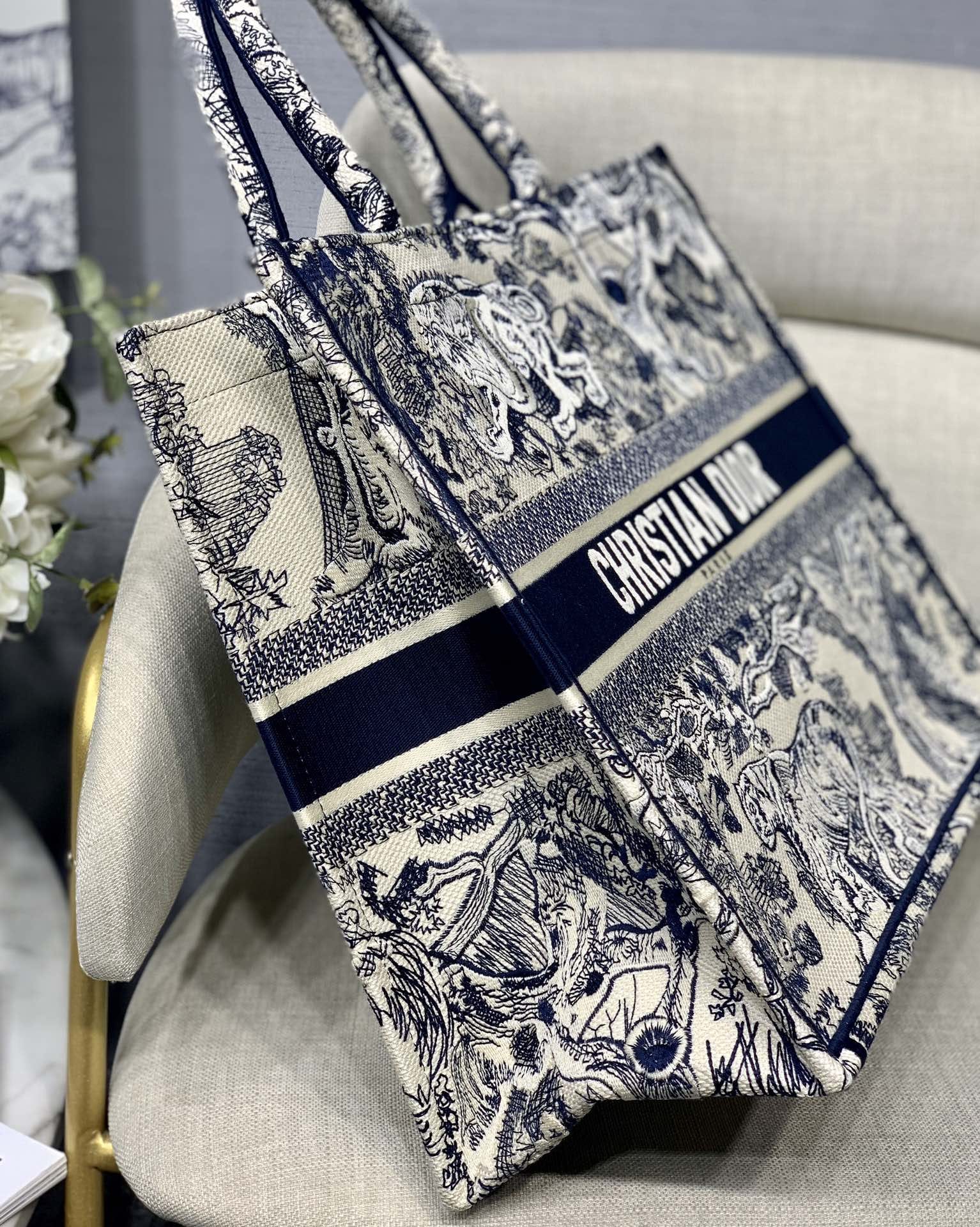 Dior Large Book Tote Ecru and Blue Toile de Jouy Embroidery